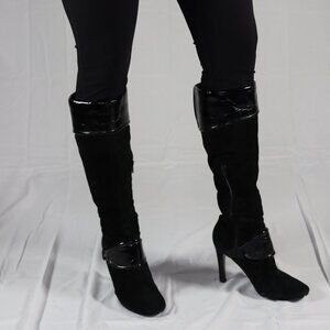 Nine West "TUBBS" Black Suede and Black Patent Spike Heel Boots 6-1/2